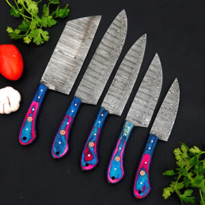 Handmade Damascus Steel Kitchen Knife Set – 5-Piece Professional Chef Knives with Blue & Red Resin Wood Handles