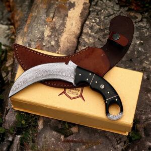 Hand Forged Damascus Steel Karambit Knife – Curved Hunting Knife with Finger Ring, Full Tang Handle & Leather Sheath